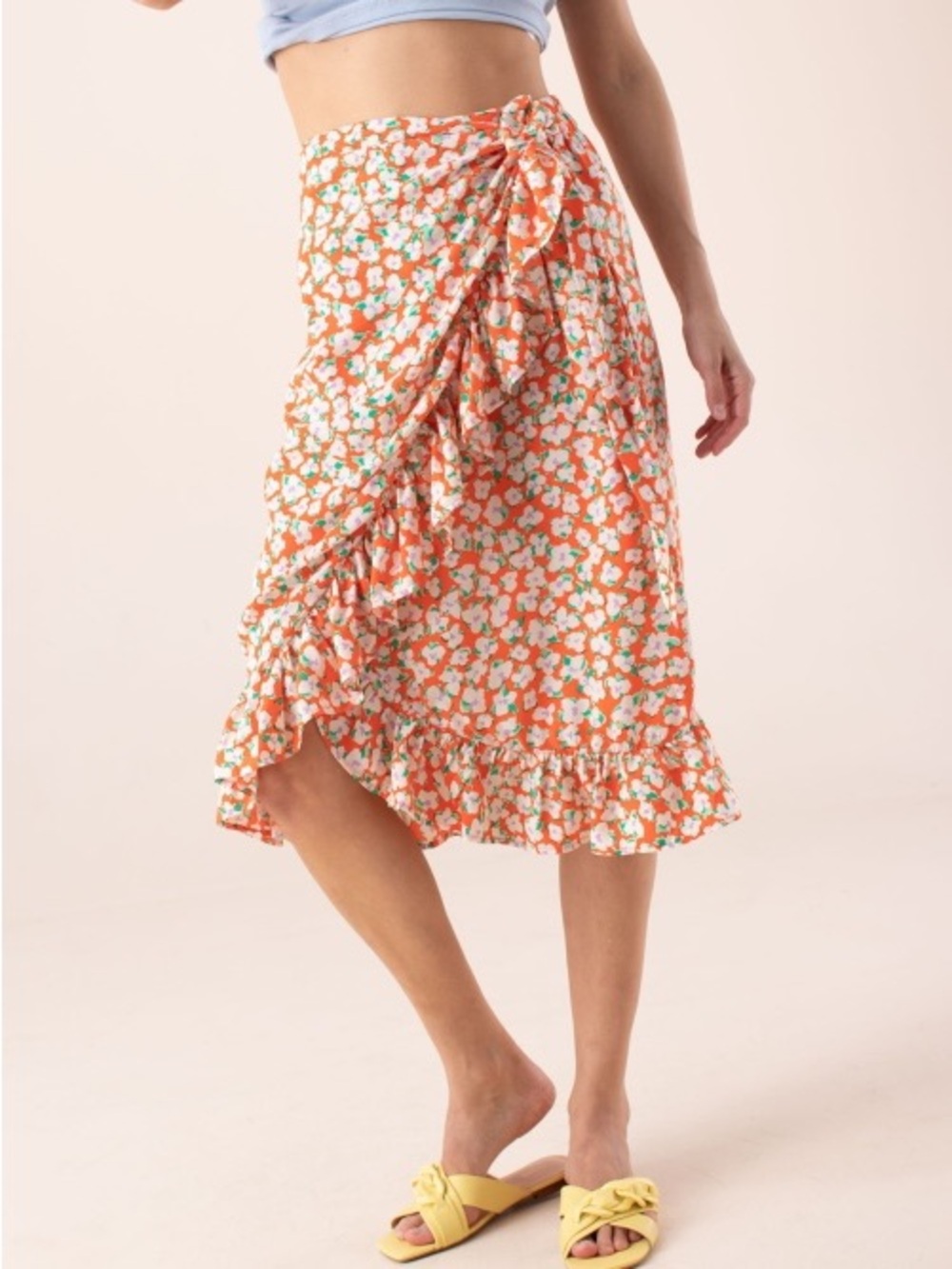 Vero Moda Orange Floral Wrap Midi Skirt with Ruffle Hem NWOT